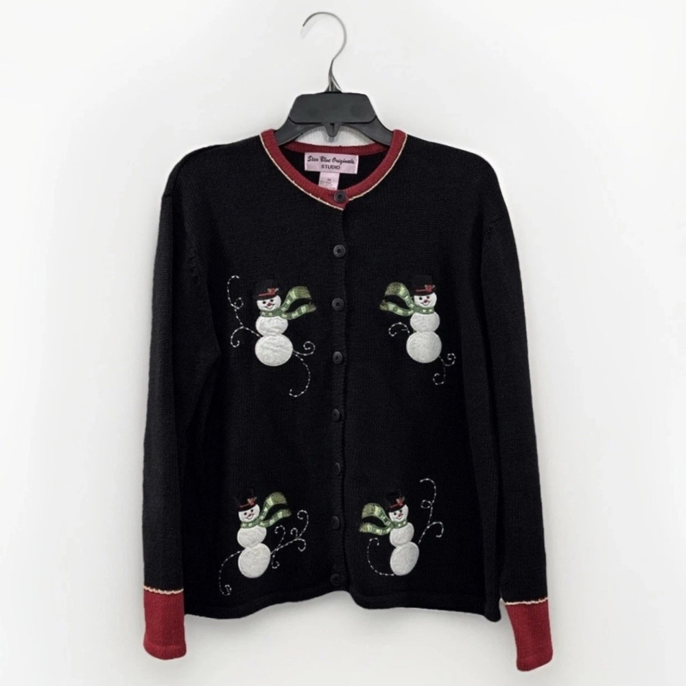 SOLD Star Blue Originals Studio Womens M Black Snowman Christmas Cardigan